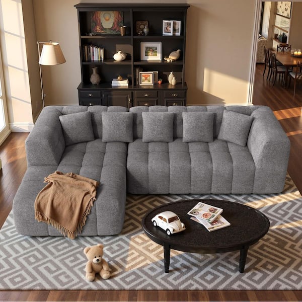 107 in. Modern Chenille Boneless Couch Cloud Modular Sectional Sofa with L-Shaped Chaise and Three Pillows in Dark Gray