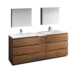 Lazzaro 84 in. Modern Double Bathroom Vanity in Rosewood with Vanity Top in White with White Basins and Medicine Cabinet