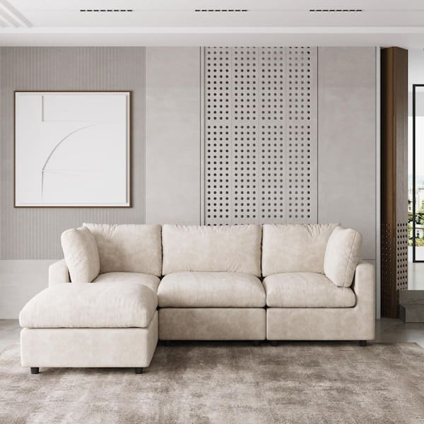 100.5 in. Square Arm Chenille 4-piece Sectional Sofa with Ottoman and Removable Covers in Beige L-Shaped
