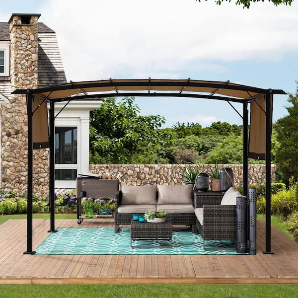 12 ft. x 9 ft. Patio Steel Frame Gazebo Canopy Tent in Beige, Retractable Shade Canopyfor Outdoor