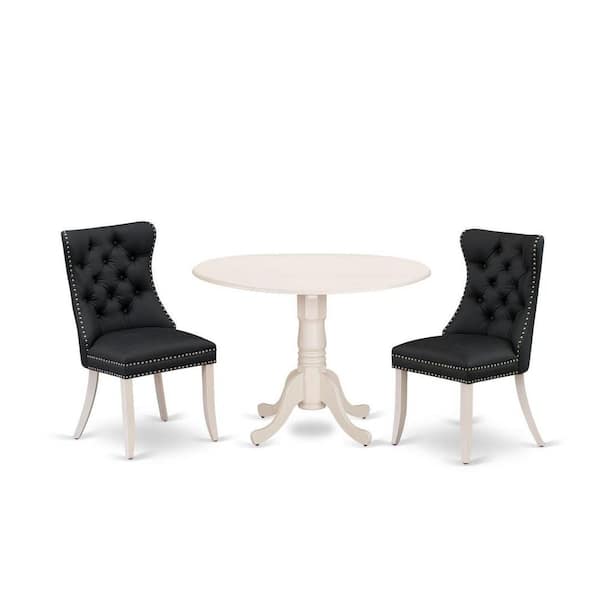 East West Furniture 3-Piece Linen white Solid Wood Top-Round Upholstered Dining Room Set with Dropleaf-Seats 4