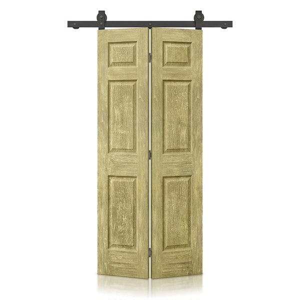 CALHOME 24 in. x 80 in. Antique Gold Stain 6 Panel MDF Composite Hollow Core Bi-Fold Barn Door with Sliding Hardware Kit