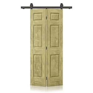 30 in. x 80 in. Antique Gold Stain 6 Panel MDF Composite Hollow Core Bi-Fold Barn Door with Sliding Hardware Kit