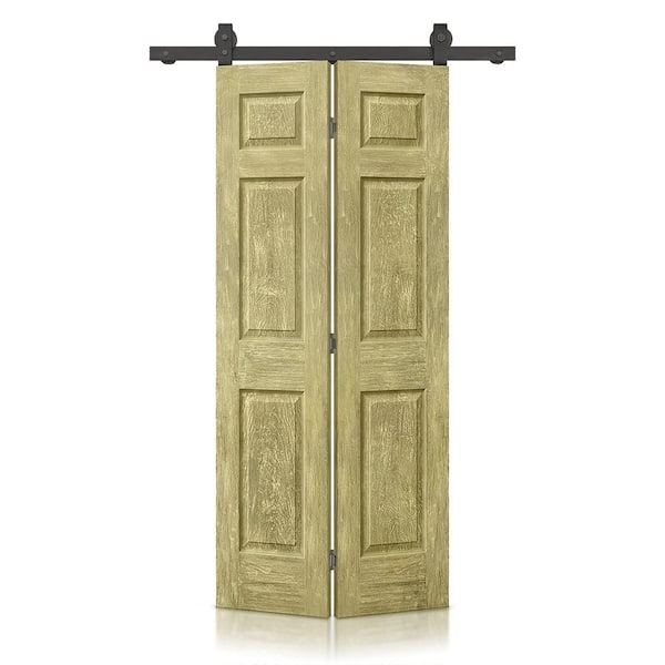 CALHOME 30 in. x 80 in. Antique Gold Stain 6 Panel MDF Composite Hollow Core Bi-Fold Barn Door with Sliding Hardware Kit