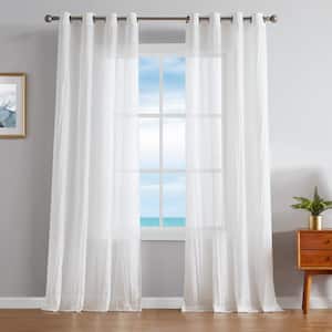 Cordelia White Faux Linen Crushed 52 in. W x 96 in. L Grommet Window Sheer Curtains (2 Panels)
