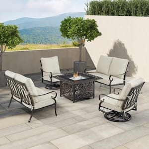 Black Aluminum Fire Table Set with 2-Loveseats and 2-Club Chairs