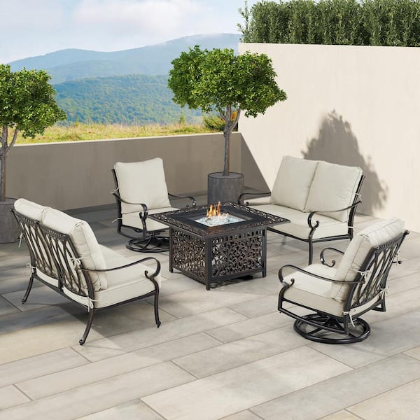 Oakland Living Black Aluminum Fire Table Set with 2-Loveseats and 2-Club Chairs