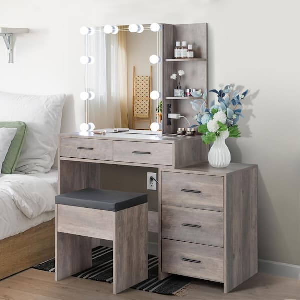 Gray Melamine Veneer for Particleboard Makeup Vanity Set with Adjustable Mirror