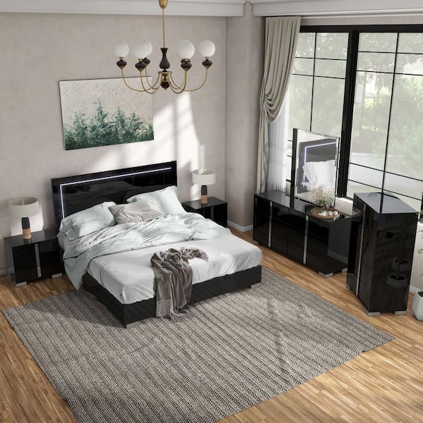 Mesala 6-Piece Piano Black Wood Frame King Panel Bedroom Set with LED Light on Headboard, Chrome Accents and Legs