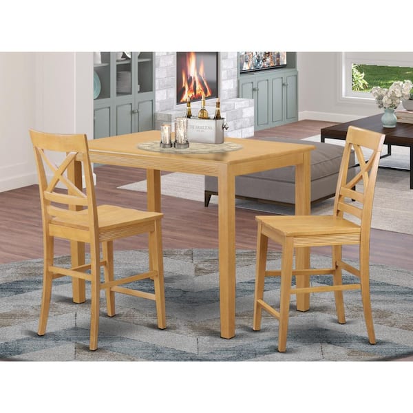 East West Furniture 3-Piece Natural Brown Oak Finish Solid Wood Top Counter Height Dining Table Set