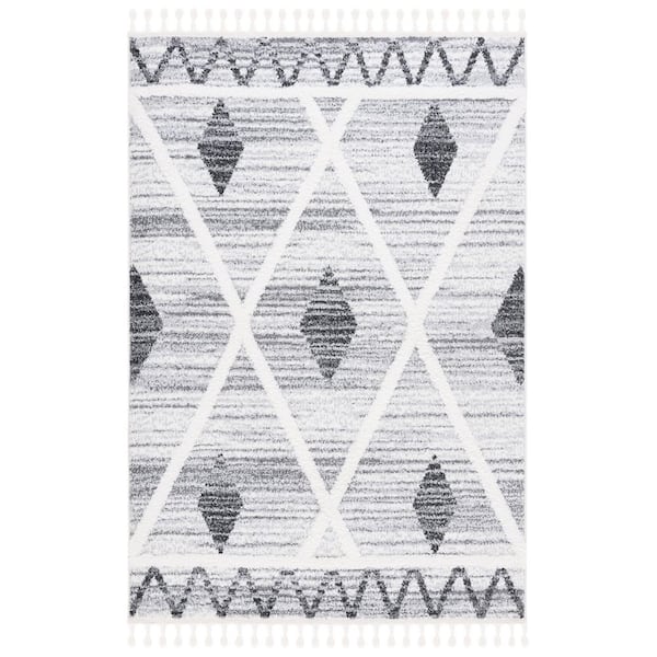 Moroccan Tassel Shag 9 ft. x 12 ft. Gray/Ivory Zig-Zag Border Diamond Area Rug