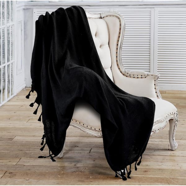 LR Home Woven 50 in. x 60 in. Jet Black Solid Checkered Cotton Fringe Throw Blanket