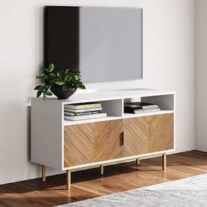 Izsak White Wood Media Console, TV Stand Cabinet with Storage for Living Room, Dining Room, Entryway