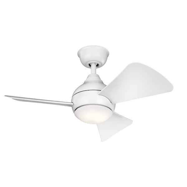 Sola 34 in. Indoor/Outdoor Matte White Low Profile Ceiling Fan with Integrated LED with Wall Control Included