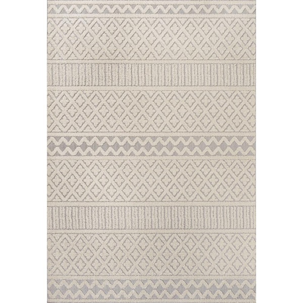 Cream/Gray 3 ft. x 5 ft. Ormond High-Low Modern Trellis Geometric Indoor/Outdoor Area Rug