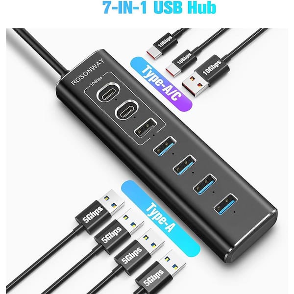 Etokfoks Aluminum USB Hub 7-Ports with 10Gbps 1 USB-A 3.2 2 USB-C
