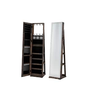 Rustic Brown Wooden 360° Swivel Jewelry Box with Lighted Full Length Mirror and Back Shelves