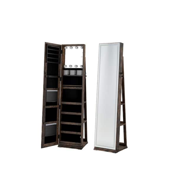 Rustic Brown Wooden 360° Swivel Jewelry Box with Lighted Full Length Mirror and Back Shelves