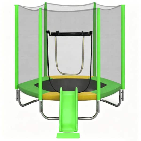 Green Steel Outdoor 7 FT Trampoline with Safety Enclosure Net, Slide and Ladder