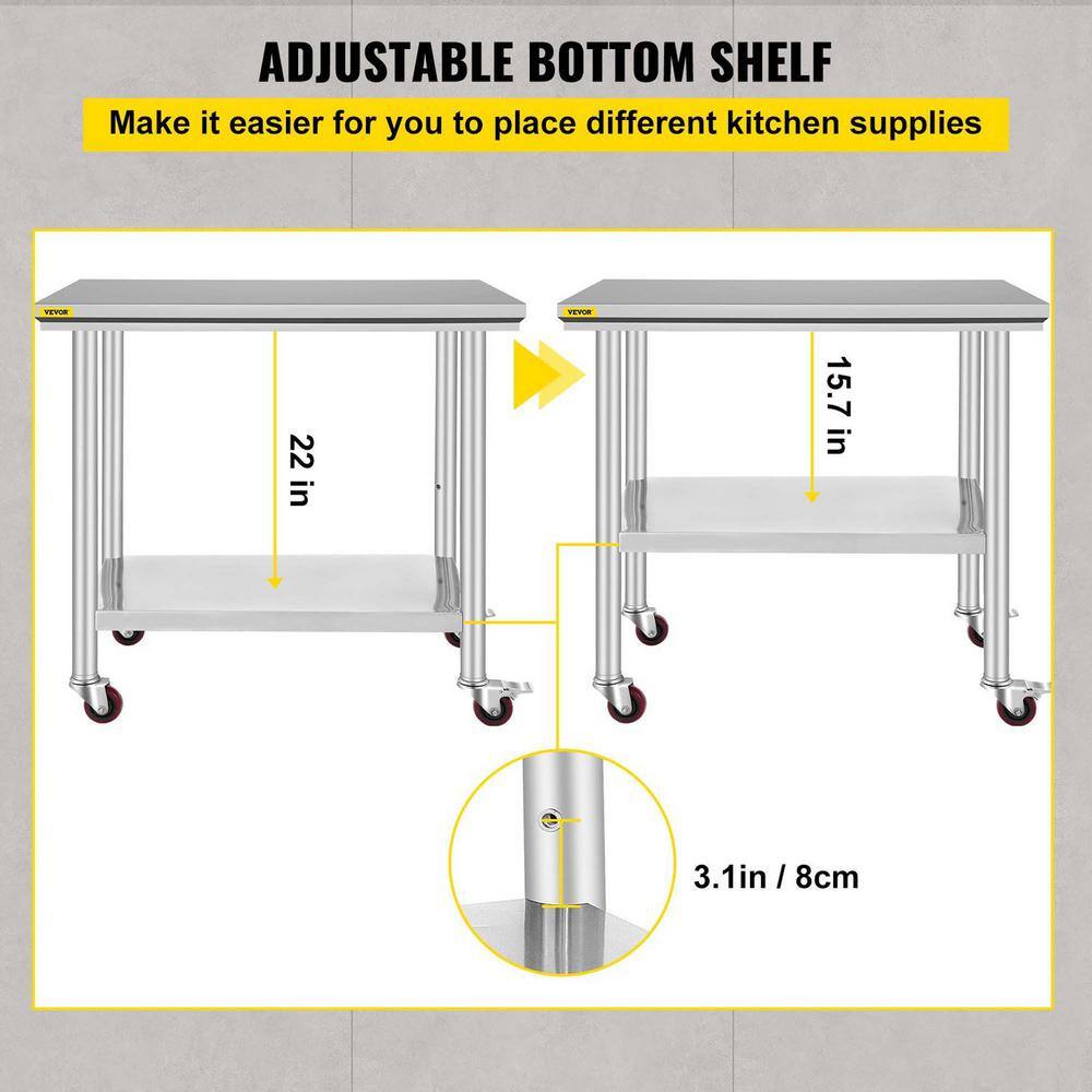 36-Inch Stainless Steel Kitchen Prep Table with Undershelf and Casters