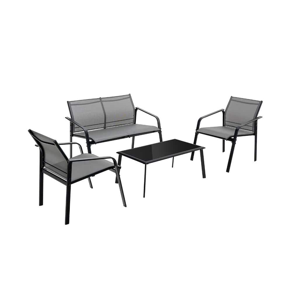 4-Piece Steel Frame Patio Furniture Set with Gray Breathable Mesh Cushions and Tempered Glass Table price history on PriceWatchPro