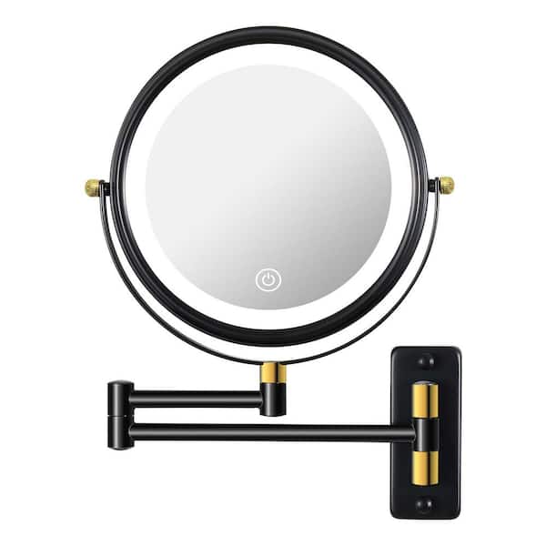 Unbranded 8.6in.W×8.6in.H Wall Mount Makeup Mirror with LED, Double Sided 1X/10X Magnifying Mirror with Extension Arm, Black+Gold