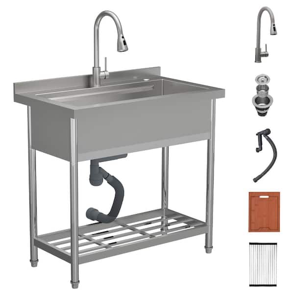 36x21 Inch Stainless Steel Freestanding 1-Compartmen Commercial Sink with Pull-Out Faucet for Kitchen and Laundry Room