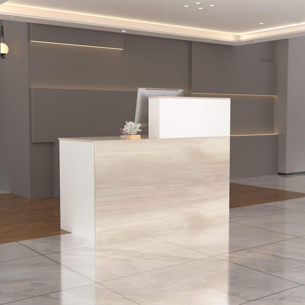 Rectangular White Wooden Computer Desk, Writing Desk with Drawer, 4 Shelves and A Container, 55.1 in.W-23.6 in.D