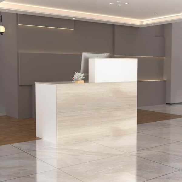 FUFU&GAGA Rectangular White Wooden Computer Desk, Writing Desk with Drawer, 4 Shelves and A Container, 55.1 in.W-23.6 in.D