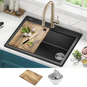 Bellucci 28 Granite Composite Workstation Drop-In Top MountSingle Bowl Kitchen Sink in Metallic Black with Accessories