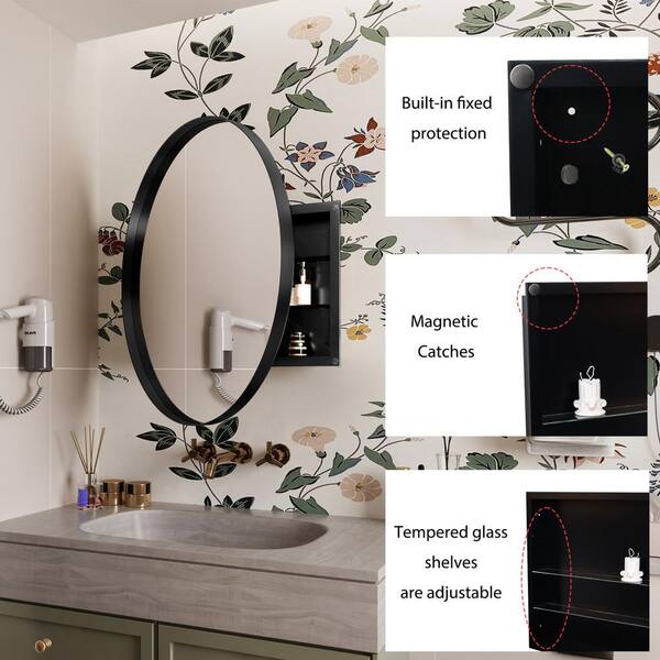 waterpar 31.5 in. W x 31.5 in. H Round Aluminum Medicine Cabinet with Mirror in Matte Black