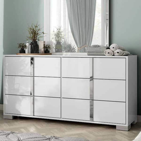 Mesala White 6-Drawer 61 in. Dresser with Chrome Accents and Legs, Vertical Chrome Handles