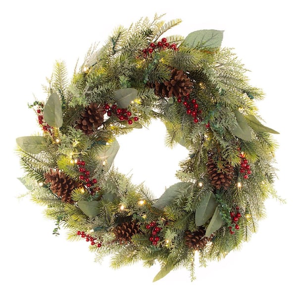Village Lighting Company 30 in. Artificial Pre-Lit LED Winter Frost Wreath