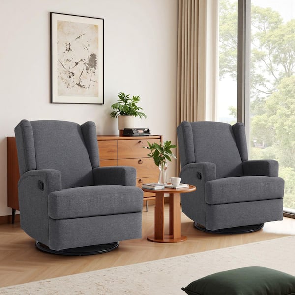 Luxury Gray Linen Wingback Manual Swivel Recliner with Rocking(Set of 2)