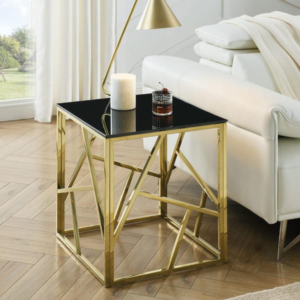 Zeus & Ruta 20 in. Modern Glass End Table in Gold with Geometric Metal Frame, Accent Table Nightstand for Living Room, Bedroom