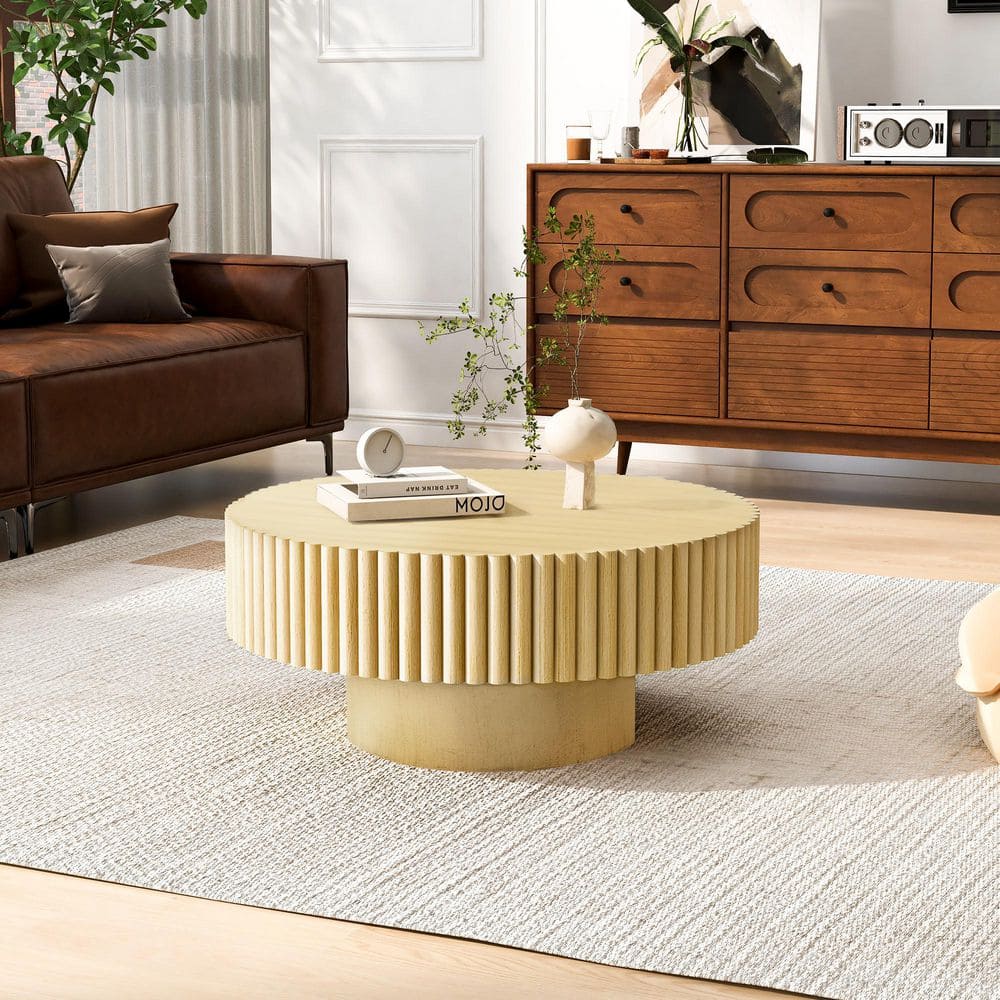 木製座卓 ダークブラウン リブ付き Noble House Drew 21.5 in. Brown Round Wood Coffee Table with