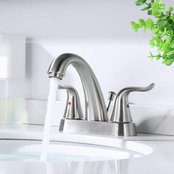 4 in. Centerset Double Handle Gooseneck Bathroom Faucet with Drain Kit and Supply Lines Included in Brushed Nickel