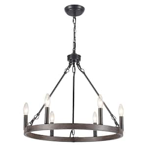 6-Light Black & Imitation Wood Grain Rustic Wagon Wheel Chandelier for Kitchen Island with no Bulbs Included