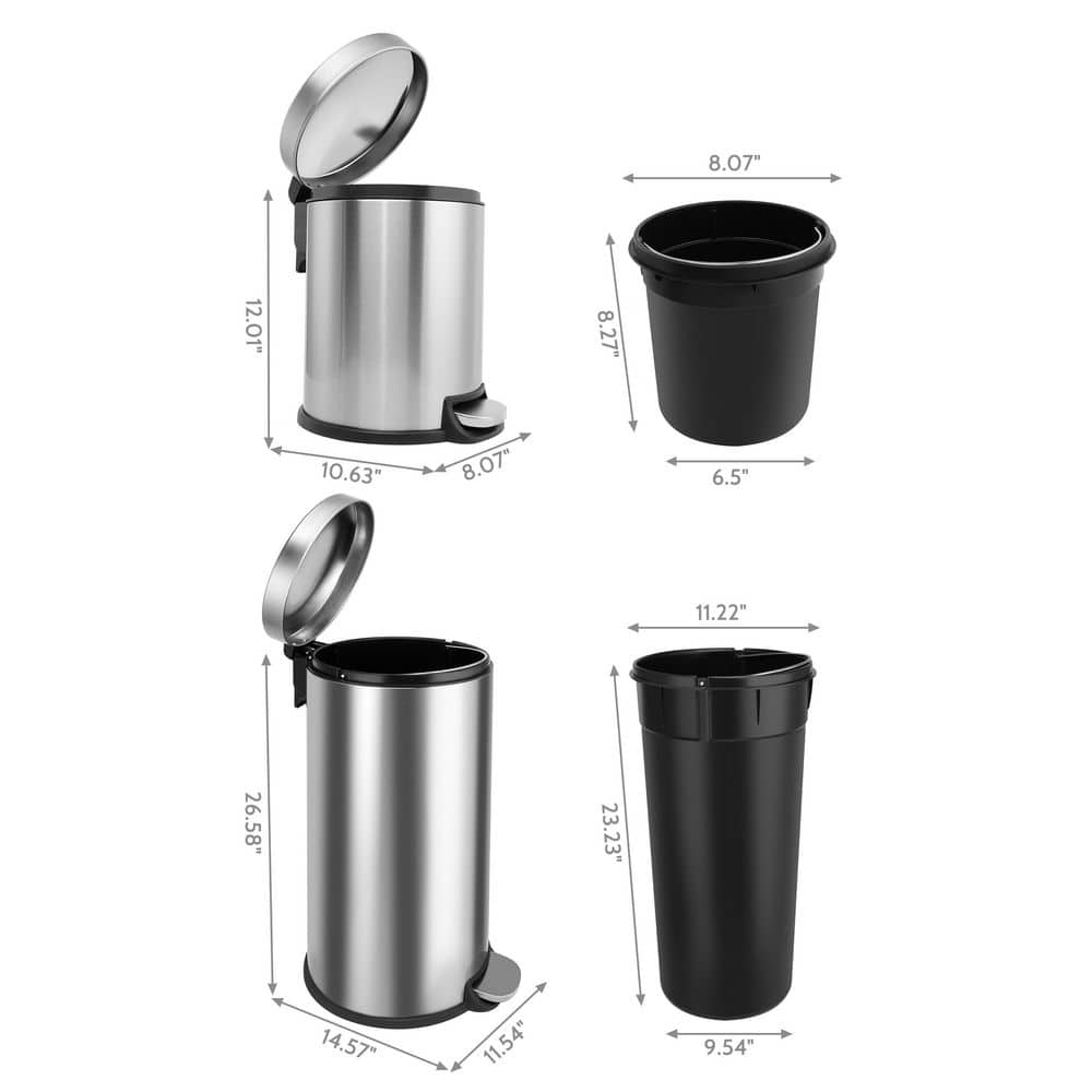 Fingerprint Resistant Stainless Steel Pedal Trash Can Set