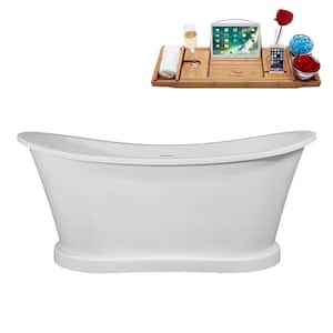 66 in. x 29 in. Acrylic Freestanding Soaking Bathtub in Matte White with Glossy White Drain, Bamboo Tray