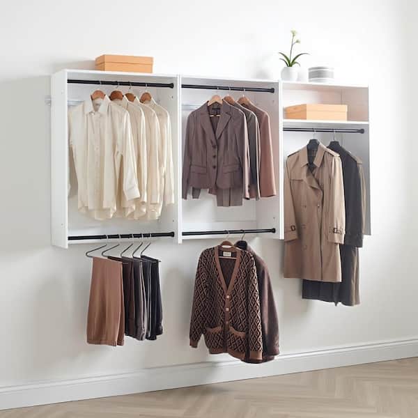 Vedz 94.49 in. W White and Black Starter Kit Walk in 1-Shelf Wall Mount Wood Closet System with 5 Hanging Rods