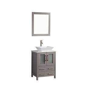 Ravenna 24 in. W x 18.5 in. D x 31.1 in. H Bathroom Vanity in Grey with Single Basin Top in White Quartz and Mirror