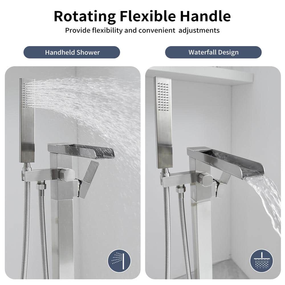 Brushed Nickel Freestanding Waterfall Tub Faucet with Hand Shower