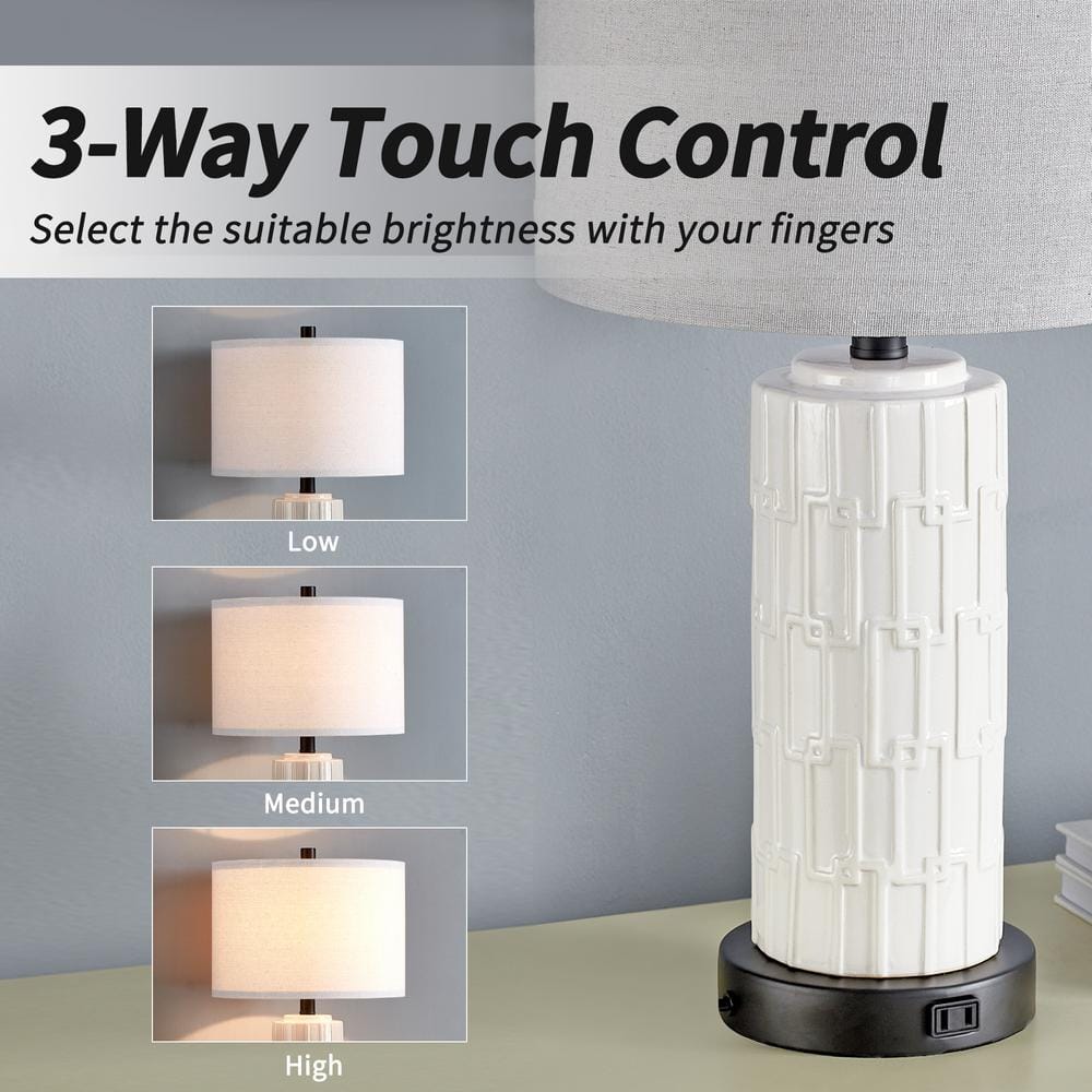 White Ceramic Table Lamp Set with USB Port and Linen Shade