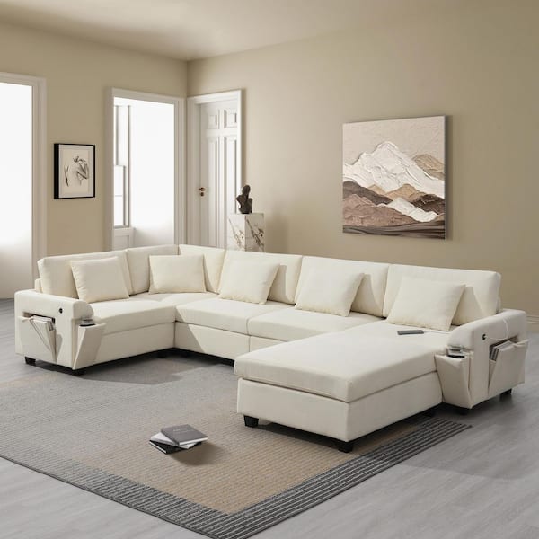 128 in. Chenille Modular 6-Seat Sectional Sofa in. Beige with Ottoman, Armrest Storage, Cup Holders, USB Charging Ports