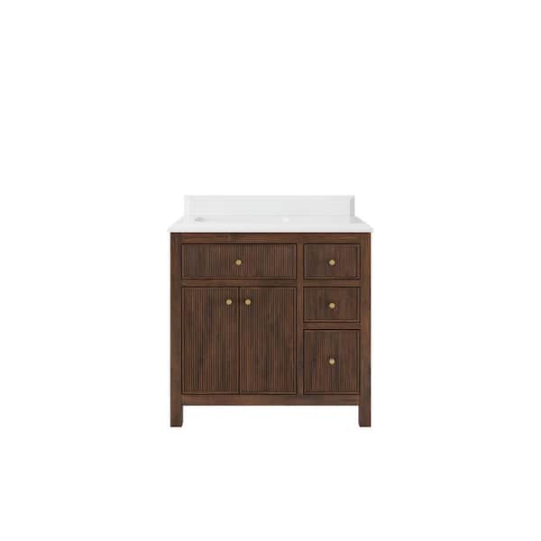 Willow Collections Sonoma Teak 36 in. Left Offset Sink Freestanding Dark Walnut Bath Vanity with White Quartz Top Unassembled