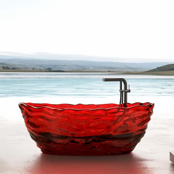 Vanity Art 69 in. x 30 in. Freestanding Oval Soaking Stone Resin Bathtub in Pure Resin Red with Polished Chrome Pop Up Drain