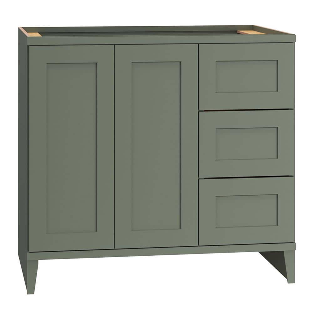 QuickShip Cottage 36 in. W x 21 in. D x 34.5 in. H Assembled Bath Sink Base Cabinet in Conifer with 3-Drawers (Right) price history on PriceWatchPro