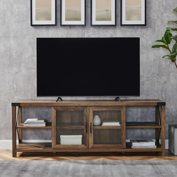 70 in. Farmhouse Rustic Oak Wood TV Stand with 2 Glass Doors and Shelves (Max TV Size 80 in.)