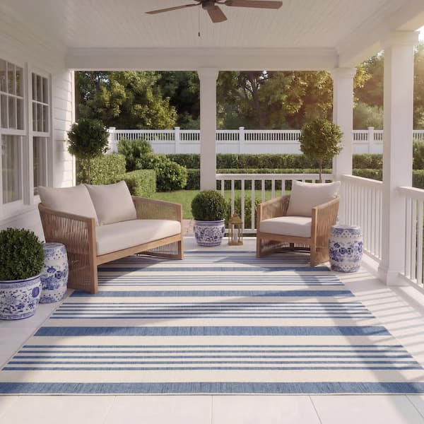 Courtyard Beige/Blue 8 ft. x 11 ft. Striped Indoor/Outdoor Patio Area Rug